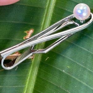 Vintage Rare K. Mikimoto Tokyo sterling silver Pearl Tie BAR Clip Bar CLASP